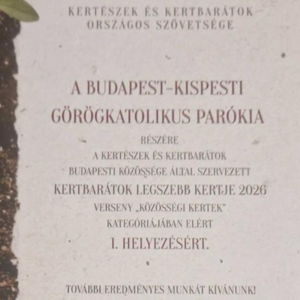Ismét díjazták a Kispesti Görögkatolikus Parókia kertjét